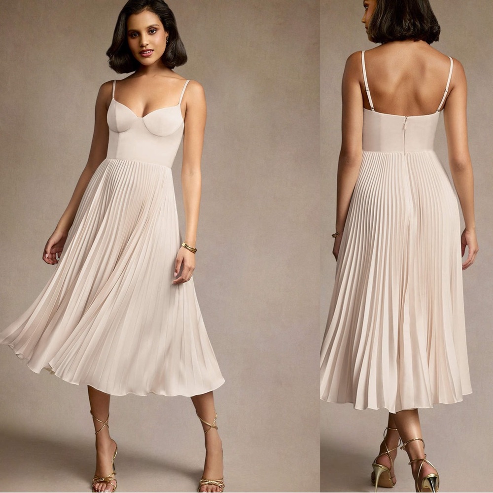 Azazie Atelier EMMA CREAM PLEATED MIDI DRESS